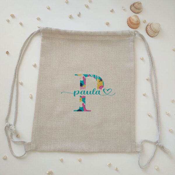 Mochila tipo lino "Inicial con estampado + nombre" personalizado