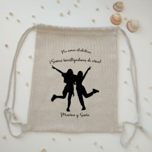 Mochila tipo lino "Amigas, somos investigadoras de vinos" personalizada