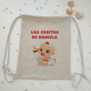 Mochila tipo lino "Las cositas de (Nombre bebé niña)"