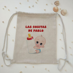 Mochila tipo lino "Las cositas de (Nombre bebé niño)"