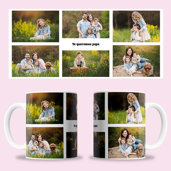 Taza "6 fotos horizontales con texto" personalizada