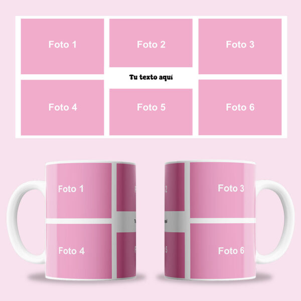 Diseño taza 6 fotos horizontales con texto