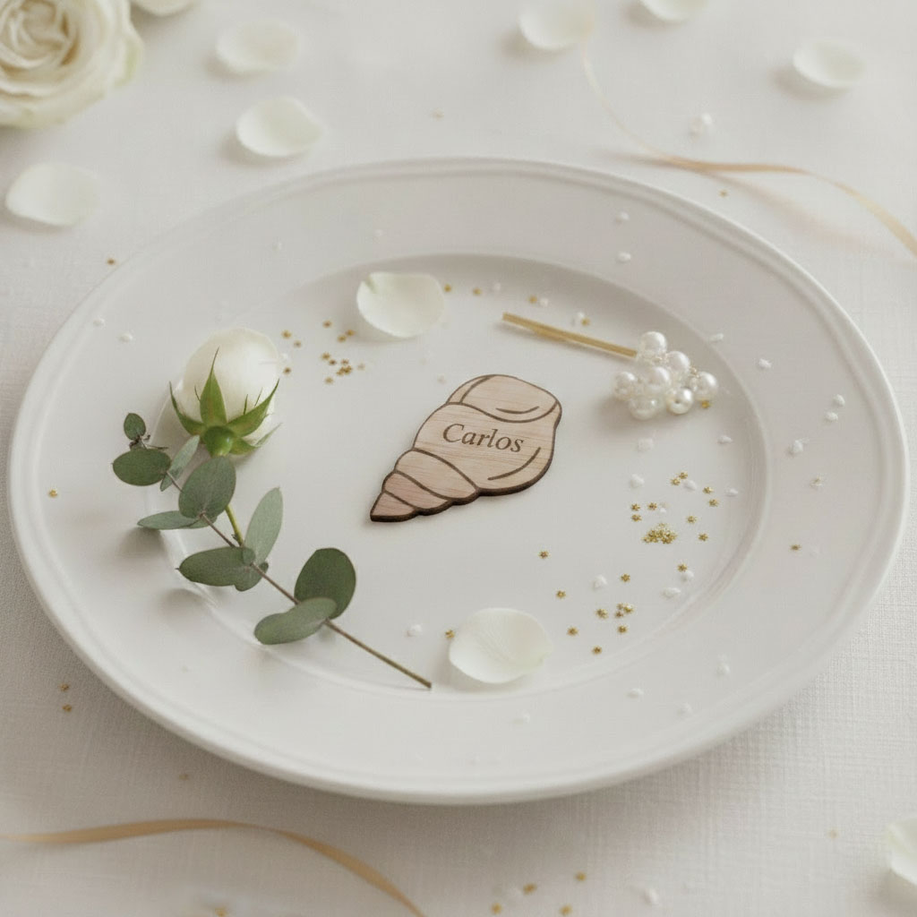 Marcasitios con forma de caracola colocado sobre un plato en una mesa decorada para boda o celebración.