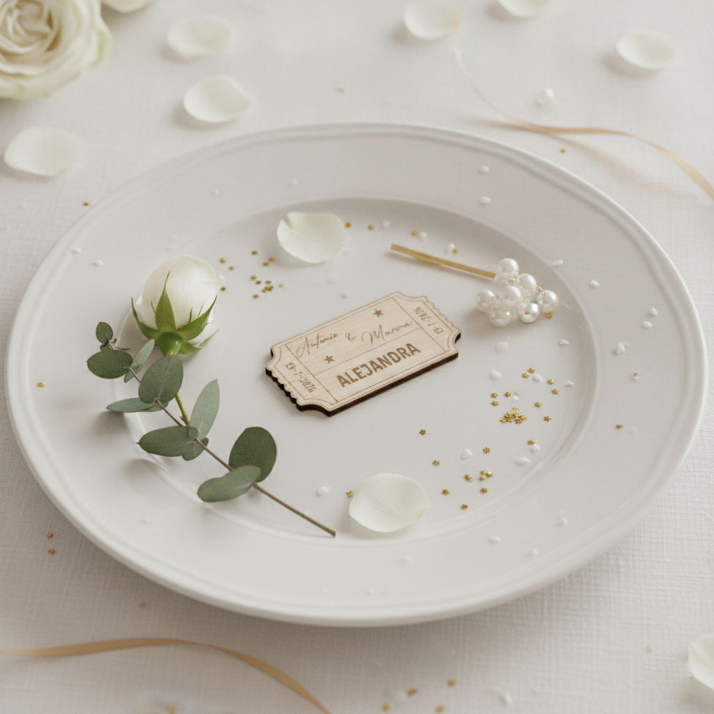 Marcasitios personalizado con forma de entrada de cine colocado sobre un plato en la decoración de una mesa de boda.